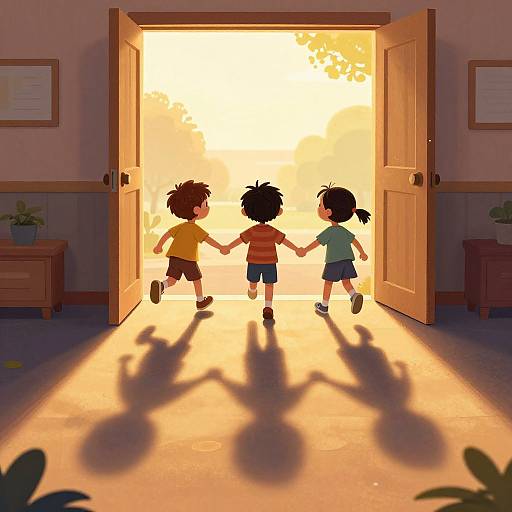 Digital illustration: Three children with curly hair, holding hands, run towards a bright, sunlit doorway, casting long shadows on the floor. Warm,