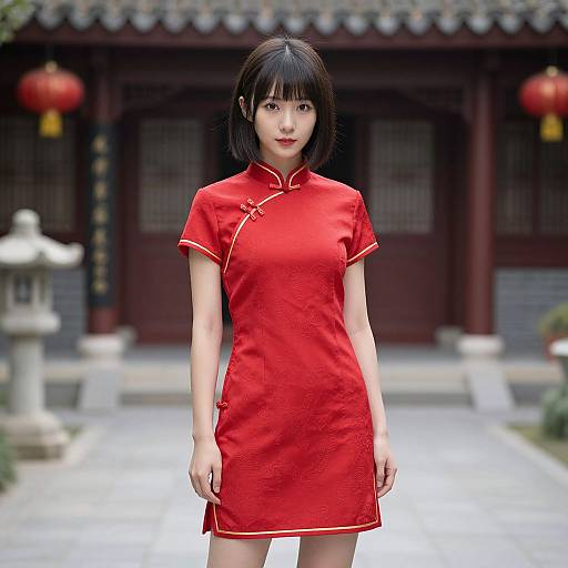 Photograph of an East Asian woman with short black hair, wearing a red traditional Chinese cheongsam dress, standing in front of a traditional Chinese building