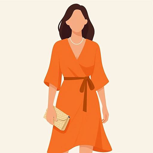 Digital illustration of a faceless woman in an orange dress with a brown belt, holding a beige clutch, against a white background.