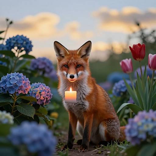 Photograph of a red fox with a lit candle in its mouth, surrounded by vibrant blue and purple hydrangeas and red tulips, against a