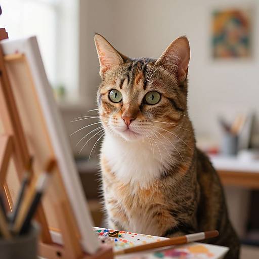 Photograph of a tabby cat with green eyes, sitting in front of an artist's easel in a brightly lit room.