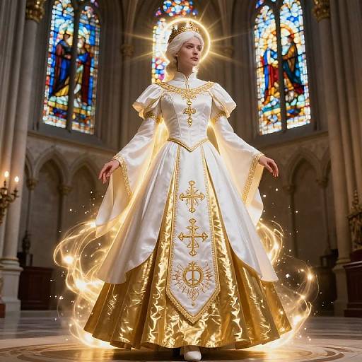 Photorealistic digital art of a holy figure in a white and gold ornate robe with glowing halo and flames, standing in a gothic cathedral with