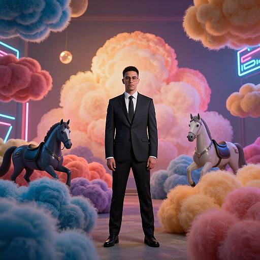 Photograph of a man in a black suit standing between two horses amidst colorful, fluffy clouds in a neon-lit studio.