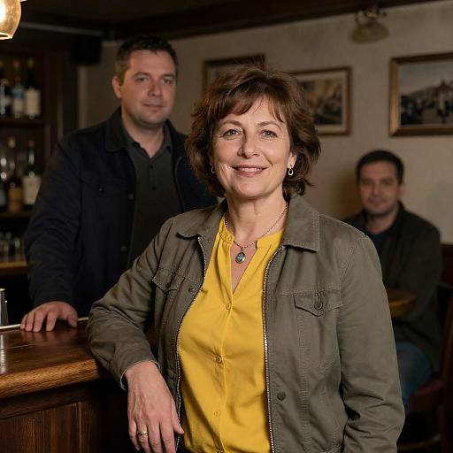 Smiling Woman in Dim Rustic Bar