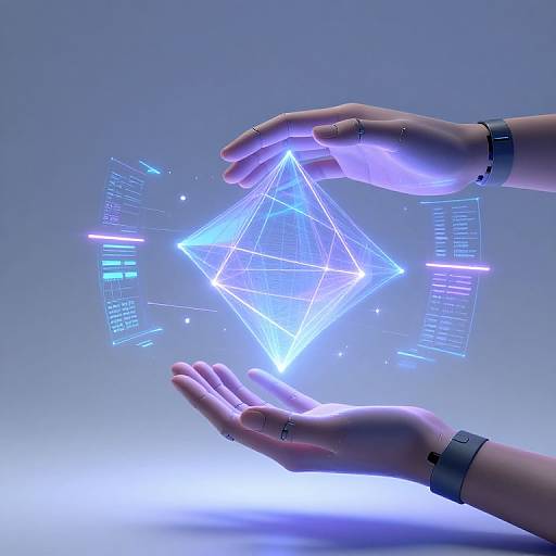 Digital artwork of glowing blue geometric sphere hovering above two hands with futuristic wristbands, set against a gradient blue background.