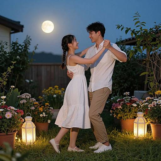 Photograph of an Asian couple dancing in a moonlit garden, wearing white clothes, surrounded by lanterns and colorful flowers.