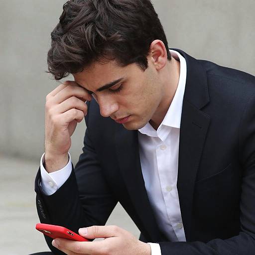 Pensive Young Man in Suit Using Smartphone