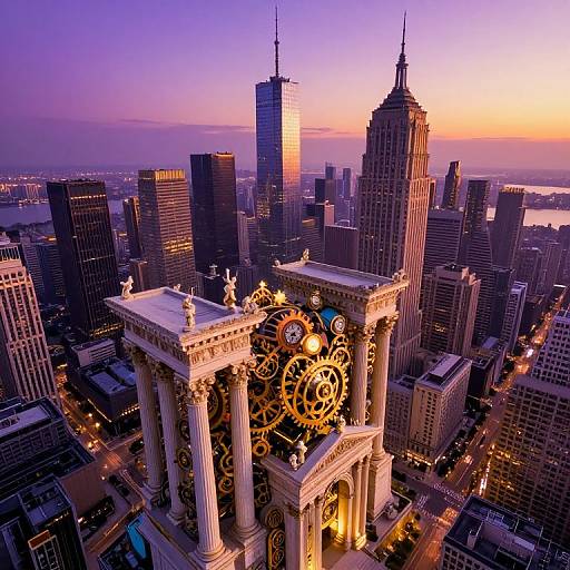Photograph of a cityscape at sunset with a clock tower adorned with golden gears and columns, surrounded by tall skyscrapers.