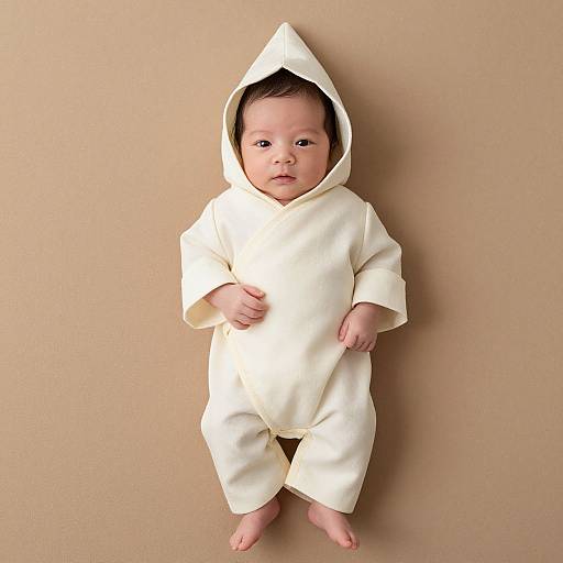 Photograph of a baby with fair skin, wearing a white, hooded onesie, standing against a plain beige background. Baby has dark hair,