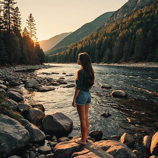 Young Woman Standing on Rocky Riverbank at Sunset