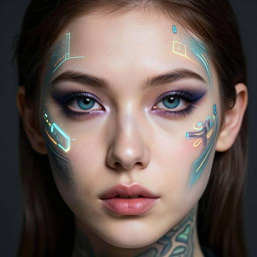 Photograph of a young woman with glowing, neon blue and white digital patterns on her face, piercing blue eyes, dark eyebrows, and visible tattoo on