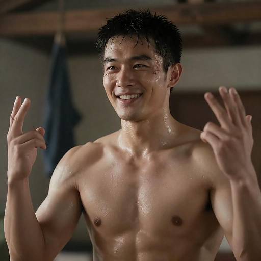 Smiling Shirtless Asian Man Raising Hands