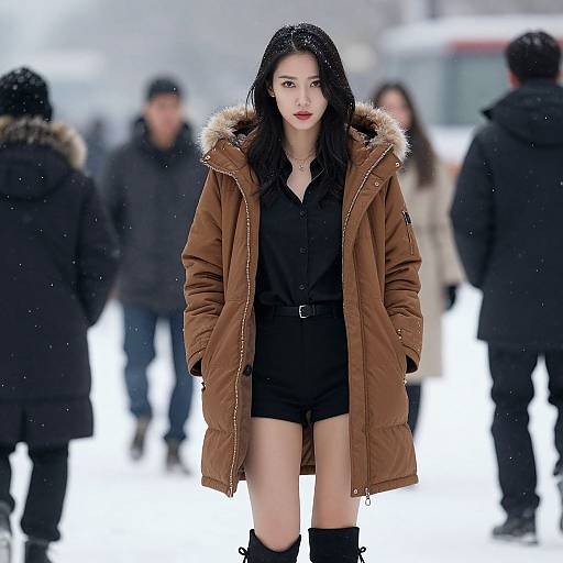 Photograph of a young Asian woman with long black hair, wearing a brown puffer jacket with fur hood over a black outfit, standing confidently in a