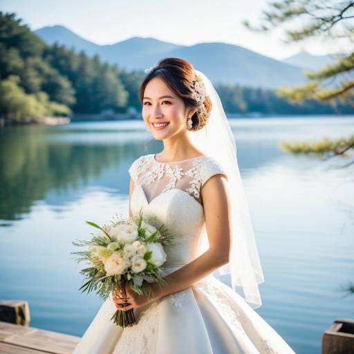 Smiling Bride Standing by Lake