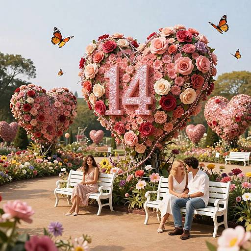 Photograph of a romantic garden scene with two couples sitting on white benches, surrounded by large heart-shaped flower arrangements with 