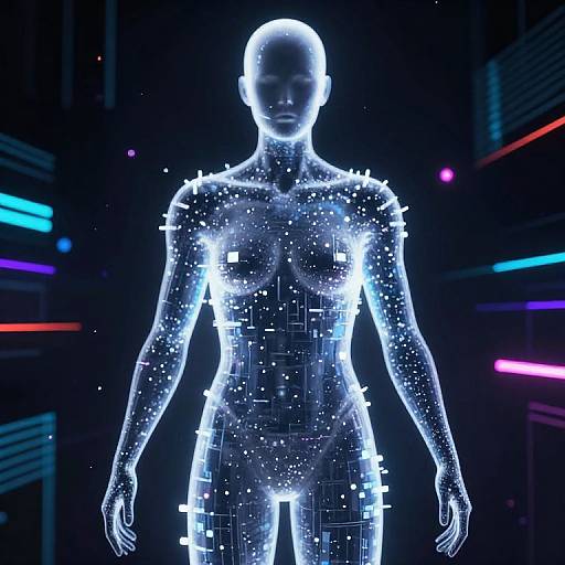 Digital CGI of a glowing, transparent, nude, gender-neutral human figure with white, pixel-like particles, standing against a dark, neon-lit background