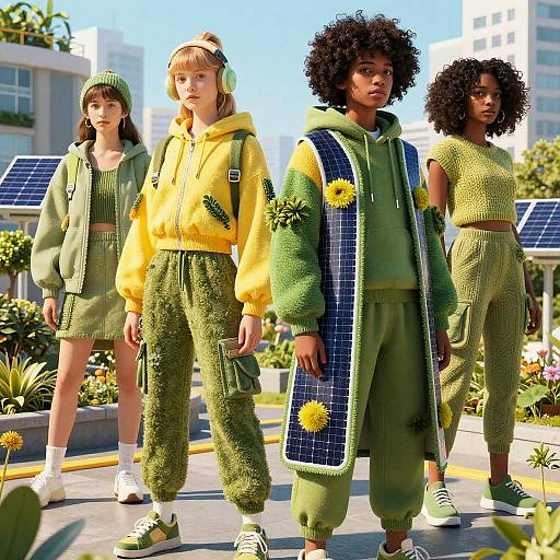 Photorealistic CGI: Four diverse models in green, yellow, and green outfits with flowers, solar panels, and afros, standing outdoors.