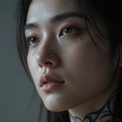 Close-up photograph of an Asian woman with pale skin, black hair, piercing on left nostril, subtle makeup, and visible tattoo on neck, g