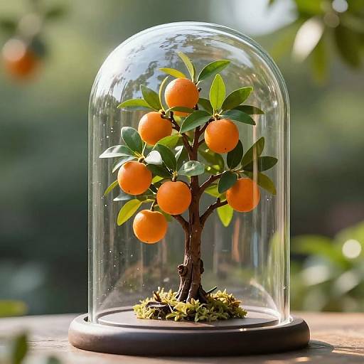 Photograph of a small orange tree with vibrant orange fruits and green leaves, encased in a clear glass dome, set on a wooden surface with blurred