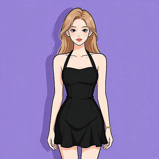 Digital anime-style illustration of a fair-skinned woman with long blonde hair, wearing a black halter dress, against a purple background.