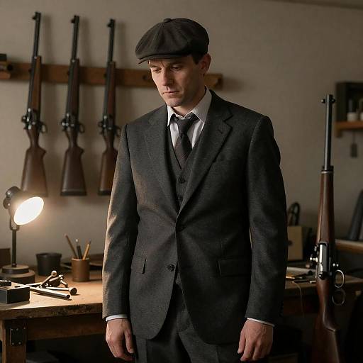 Man in Dark Suit and Flat Cap in Rifle Workshop