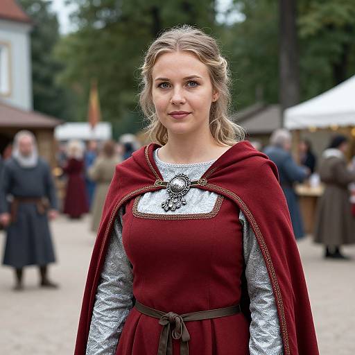 Photograph of a blonde woman with fair skin in medieval attire, wearing a red cloak and white lace dress, standing in a bustling outdoor market with blurred