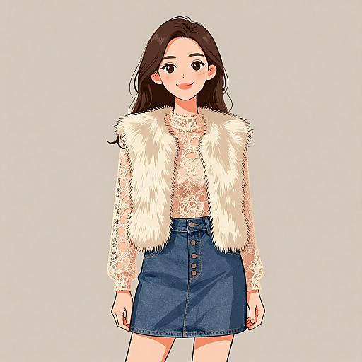 Anime-style digital drawing of a smiling woman with long brown hair, wearing a white lace top, fur vest, and blue buttoned skirt.