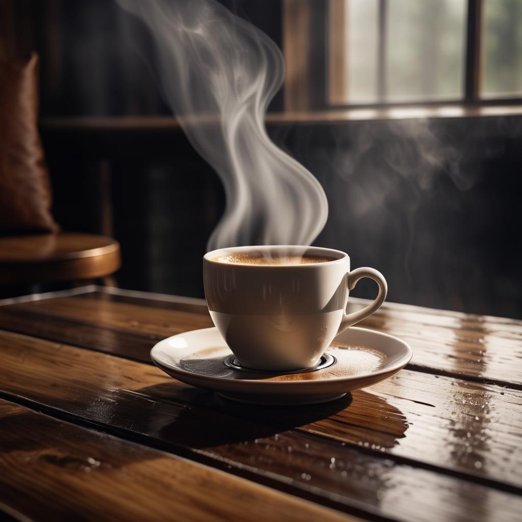 Steaming Coffee on Rustic Table