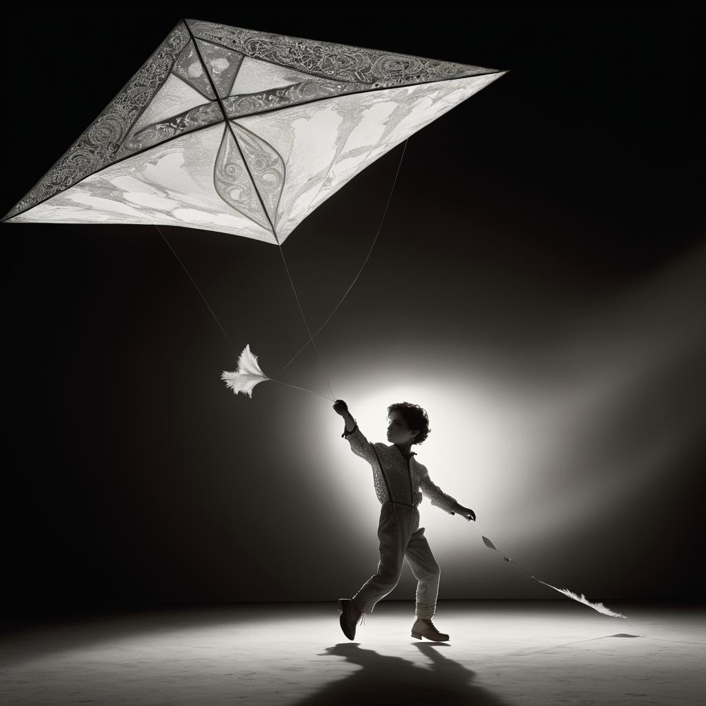 Charming Boy Flying Kite in Spotlight