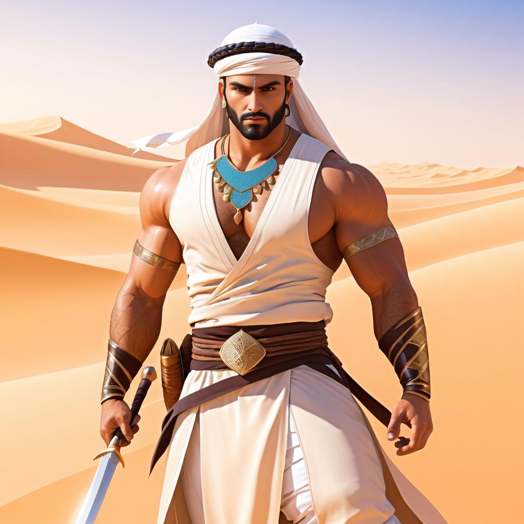 Muscular Middle-Eastern Warrior in Desert