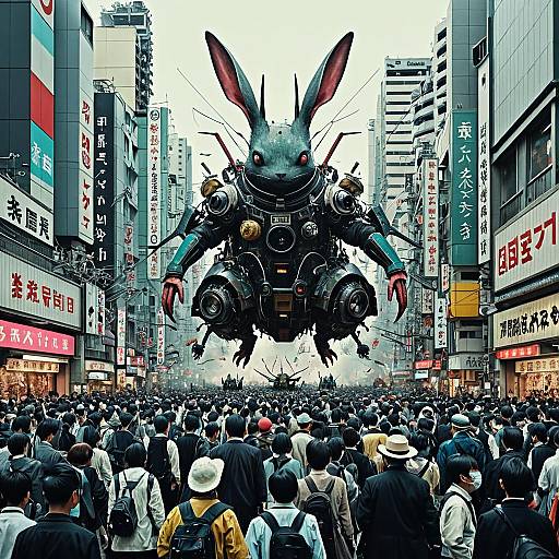 Cyberpunk Rabbit Robot Over Tokyo Crowd