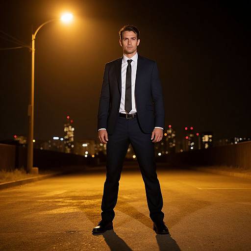Photograph of a handsome man in a black suit and white tie, standing confidently on a dimly lit, yellow-lit street at night, with