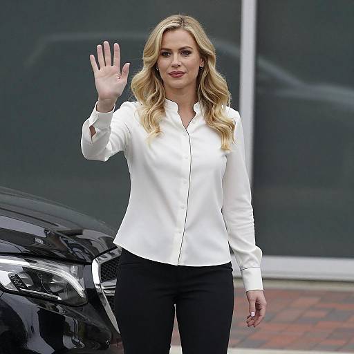 Blonde Woman Waving by Black Car