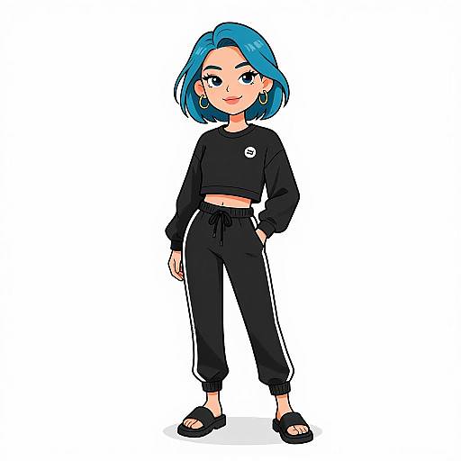 Digital anime-style drawing of a blue-haired girl with fair skin, wearing a black crop top, black pants, and black sandals. She stands confidently against