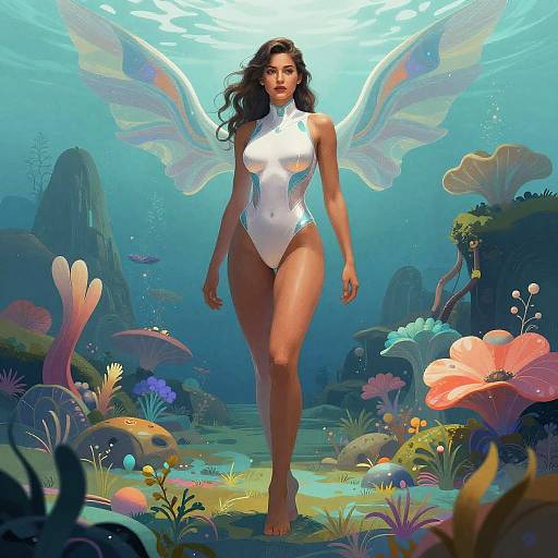 Digital artwork of a beautiful, winged woman with long dark hair, wearing a white, high-cut, one-piece swimsuit, walking through a vibrant