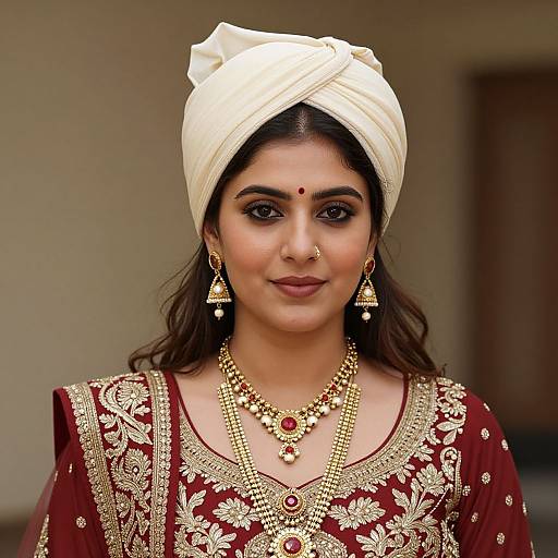 Photograph of a South Asian woman with dark hair in a white turban, wearing a red and gold embroidered traditional outfit, gold jewelry, and a