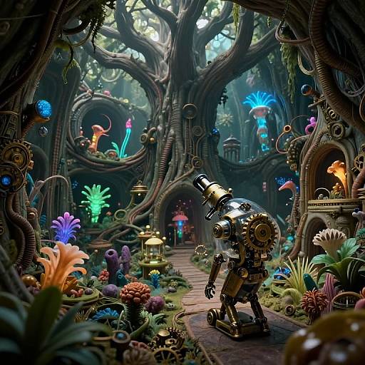 CGI fantasy scene: Steampunk robot exploring vibrant, bioluminescent forest with colorful mushrooms and glowing plants, intricate wooden structures in background.