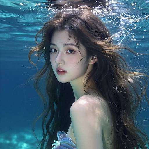 Photorealistic digital artwork of a young Asian woman with long, flowing dark hair underwater, gazing softly with light blue eyes, wearing a white,