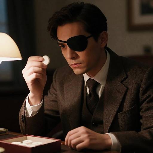 Man with Eyepatch Examining White Object