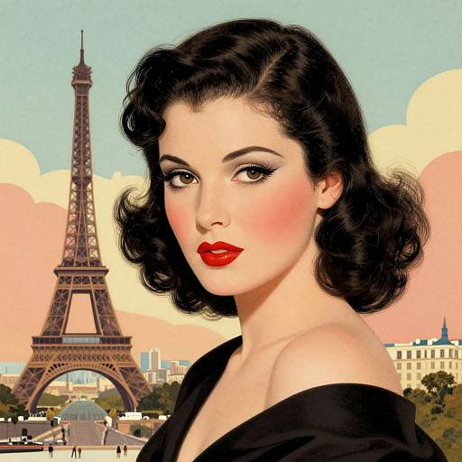 Digital illustration of a fair-skinned, red-lipped woman with black, wavy hair, wearing an off-shoulder black dress, against a