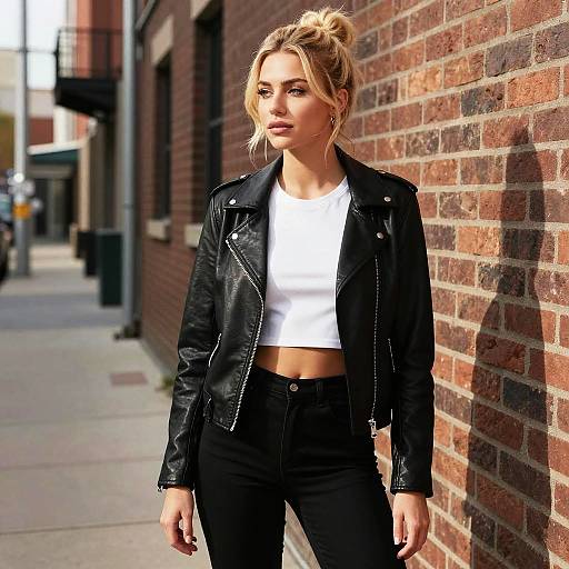 Photorealistic CGI of a blonde woman with a bun, wearing a black leather jacket, white crop top, and black pants, standing against a brick