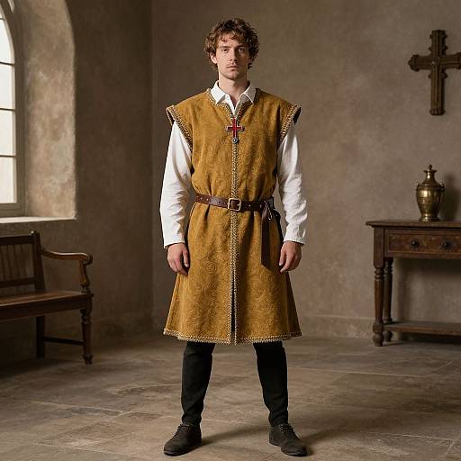 Photograph of a young man with curly brown hair, wearing a medieval-style brown velvet tunic with white shirt, black pants, and black boots,