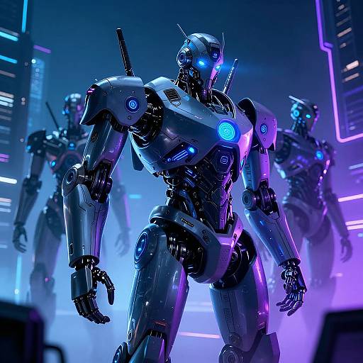 Photorealistic CGI of a muscular, blue and purple glowing, futuristic robot with glowing blue eyes and neon accents, standing in a neon-lit,