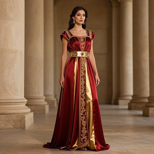 Photograph of a dark-haired woman in a rich red and gold medieval-style gown with intricate embroidery, standing in a colonnaded hallway.