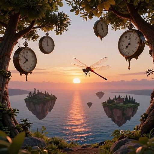 Fantastical sunset over mirrored islands, clock faces hanging from trees, dragonfly mid-flight, vibrant colors, surreal landscape, detailed digital art.