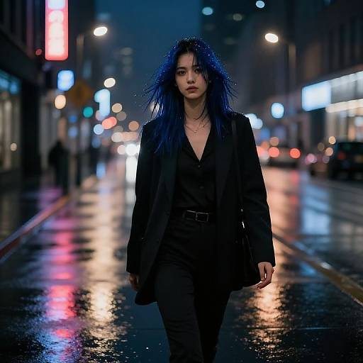 Photograph of a young woman with long blue hair, wearing a black blazer and pants, walking confidently on a rainy, neon-lit city street