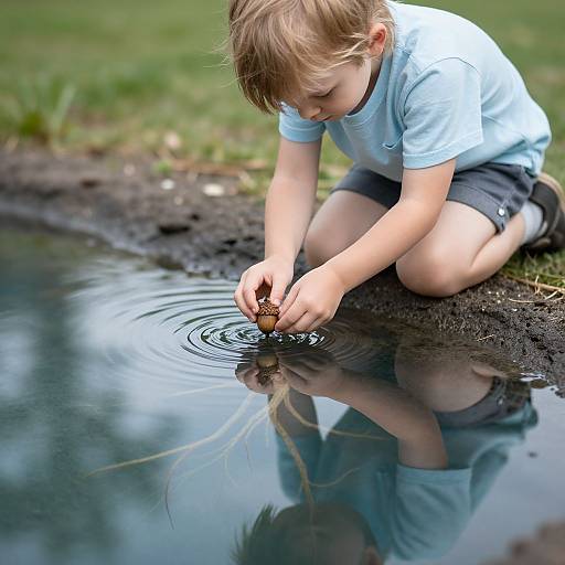 Photograph of a young boy with light brown hair, wearing a light blue shirt and dark shorts, dropping a small object into a reflective pond, creating