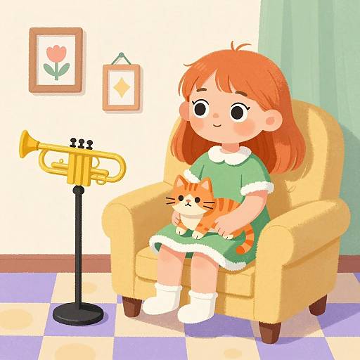 Whimsical Girl with Cat in Armchair