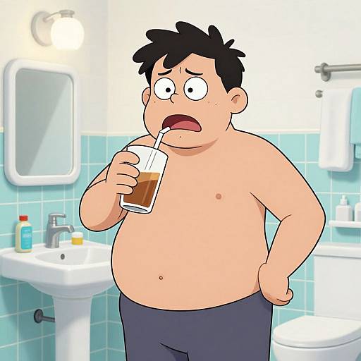 Cartoon of a chubby, shirtless man with black hair, drinking from a cup in a blue-tiled bathroom, looking surprised.