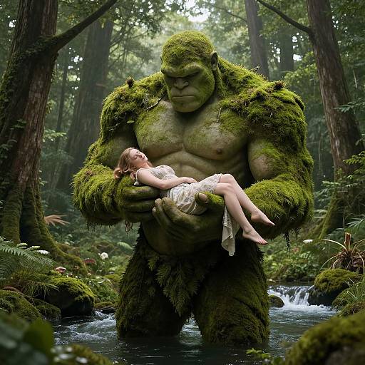 Digital art: A massive, moss-covered, green-skinned orc with a muscular build holds a sleeping, fair-skinned woman in a white dress in
